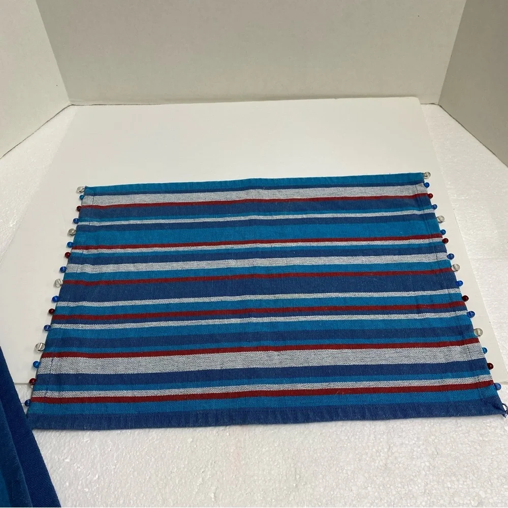 Pier 1 Imports Striped Tapestry Placemats set of 6 Beaded blues red gray Casual